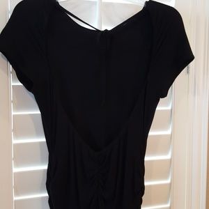 Black open back ruched mini dress